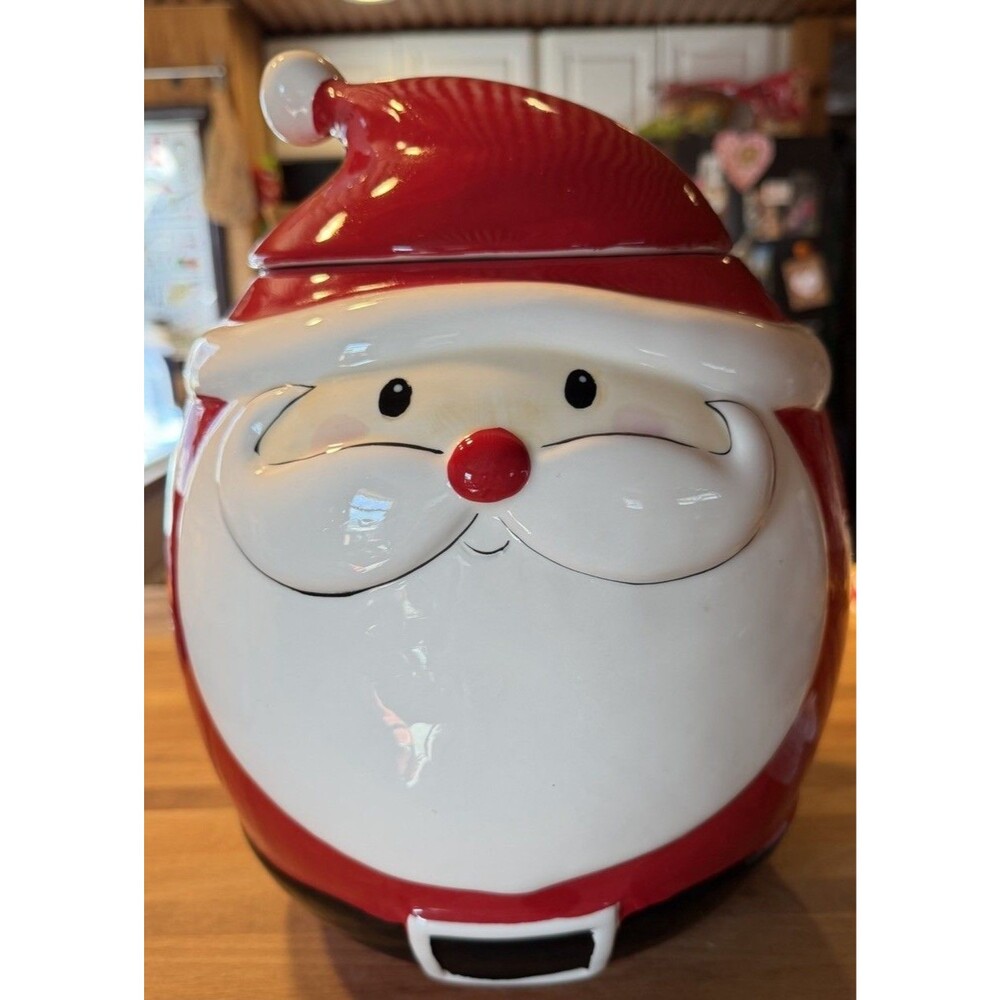 MAGENTA Santa Face Christmas  COOKIE Jar Canister & Lid TREATS  Holiday Ceramic